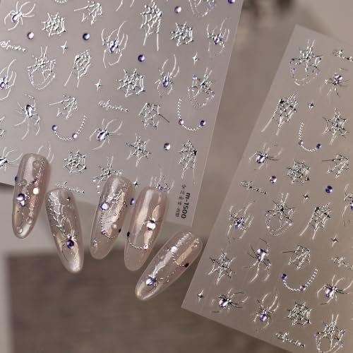 Halloween Silver Spider Nail Stickers with Purple Rhinestones - Style 28