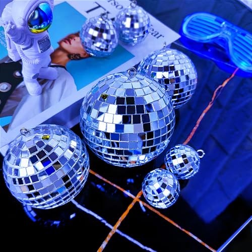 Mini Silver Disco Balls 54 Pcs Set - Hanging Mirror Ornaments for Parties, Weddings, Christmas, Halloween - 1.2, 2, 3.2, 4 Inch Variations