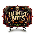 Halloween Dessert Table Sign - Haunted Bites Skull Wooden Snack Decor with Iron Stand