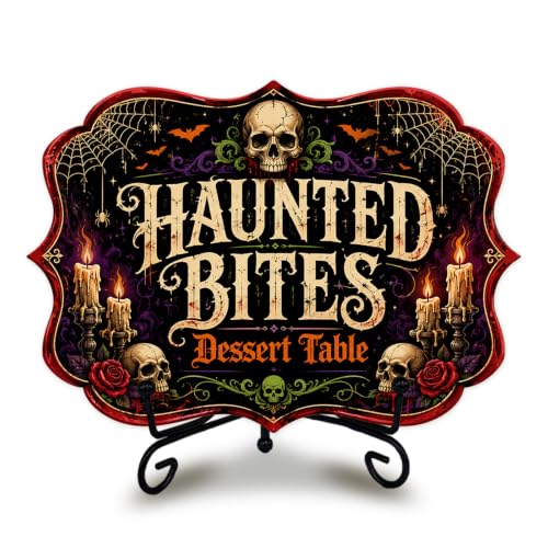 Halloween Dessert Table Sign - Haunted Bites Skull Wooden Snack Decor with Iron Stand