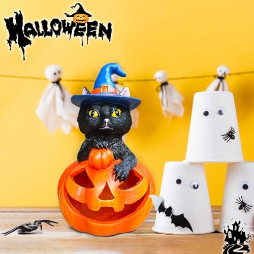 Black Cat Halloween Garden Statue with Solar Pumpkin Lights - Outdoor Decor