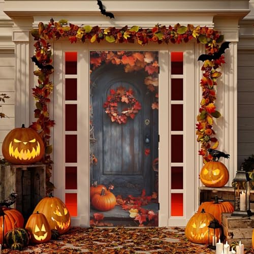 Thanksgiving Wood Door Cover - Stretch Fabric Porch Decoration 35x79 In - Holiday Door Cover