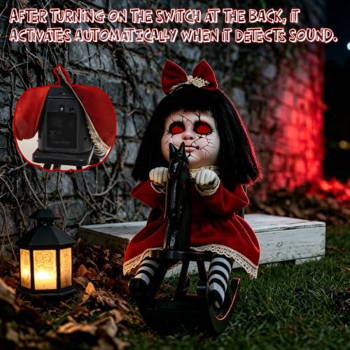 Red Halloween Animatronic Girl Doll on Rocking Horse with Lights & Sound - Indoor Outdoor Decor