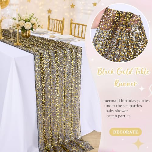 Black Gold Sequin Table Runner 120 Inch 10ft Set of 2 for Party & Event Decoration