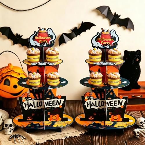 Halloween 3-Tier Paper Cupcake Stand - Multicolor Spooky Dessert Display Rack, 17 Inch