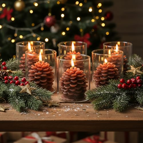 Set of 6 Pine Cone Candles with Glass Containers - Holiday Decor, Christmas, Halloween