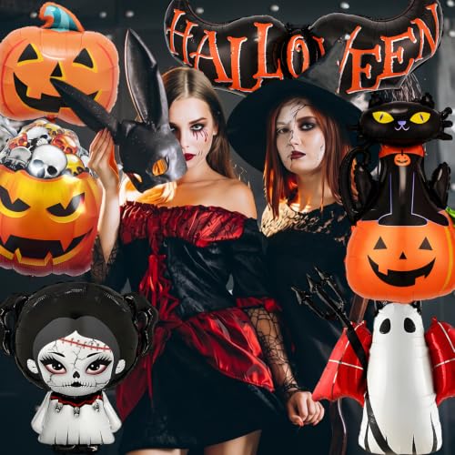 Halloween Foil Balloons Set with Ghost, Pumpkin, Skull & Cat Decorations