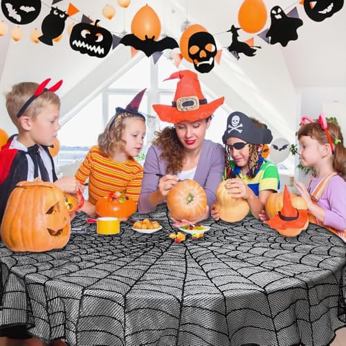 Spiderweb Lace Halloween Tablecloth - 51 Inch Round Black Indoor Decor