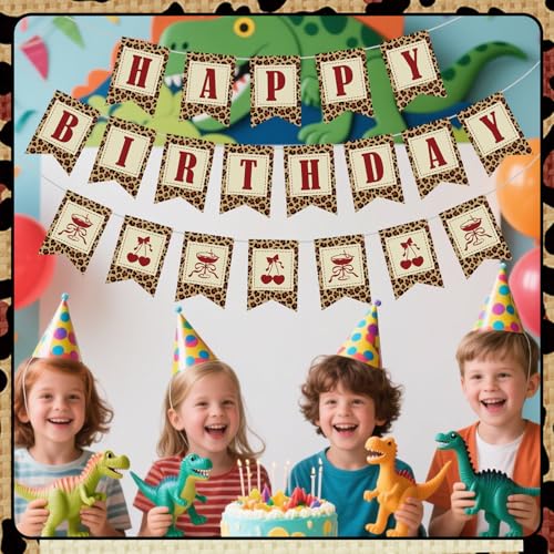 Cheetah Print Linen Birthday Banner with Cherry Accents - Party Decorations Set