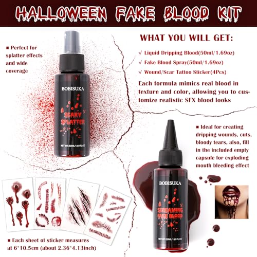 Halloween Fake Blood Kit with Spray, Drip & Wound Tattoos - Realistic Gory Makeup