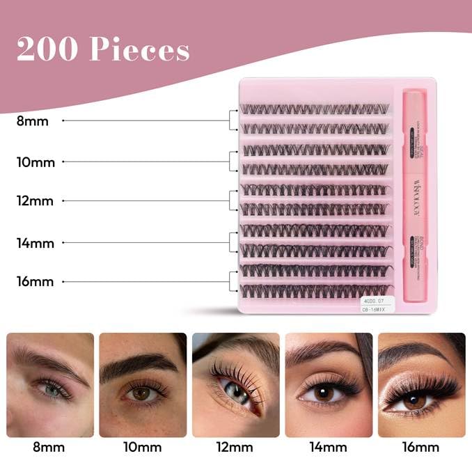 D Curl Lash Clusters Kit - 200 Pieces DIY Eyelash Extension Set with 8-16mm Lengths