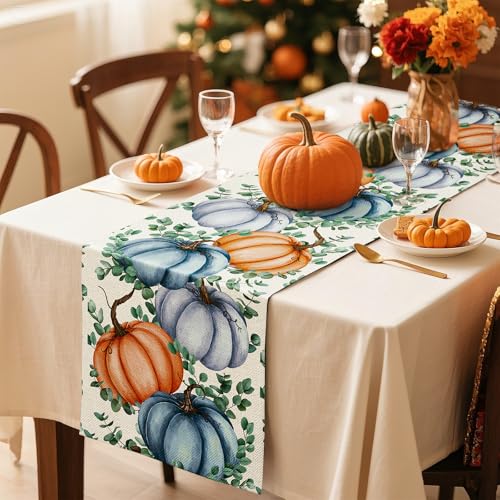 Artscope Fall Pumpkin Eucalyptus Leaves Table Runner 13x72 Inch - Orange Blue Thanksgiving Decor