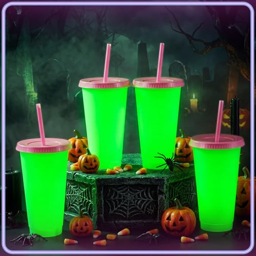 15 Pack Glow in the Dark Halloween Cups with Pink Lids - 24 oz Reusable Plastic Drinkware