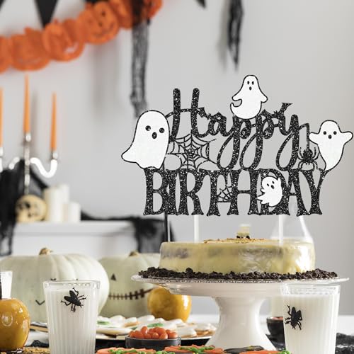 Halloween Ghost Cake Topper Glitter Black Ghosts Spider Webs Bats for Birthday & Party