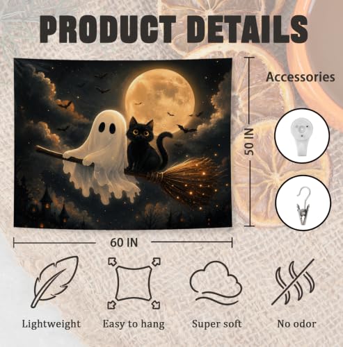 Halloween Ghost Black Cat Tapestry - Night Sky Wall Decor 50x60 - Moonlit Broom Ghost Cat Variant