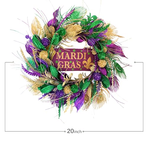 20-Inch Mardi Gras Glitter Wreath with Sign - Purple & Green Indoor Outdoor Decor, Variation: Green