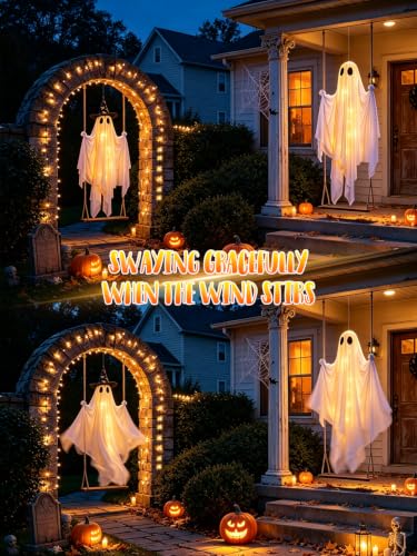 Halloween Hanging Ghost with Swing & Lights - Outdoor Yard Decor