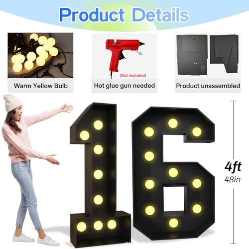 Light Up 16 Black Number 16 - 4FT Foam Marquee for Birthday & Party Decor