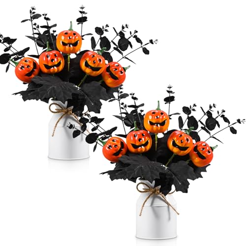 Halloween Table Centerpiece Decorations Set with Black Pumpkins & Eucalyptus - 2 Pieces