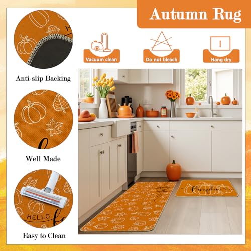 Fall Pumpkin Kitchen Rug Set of 2 - Autumn Decor Washable Non-Slip Mats