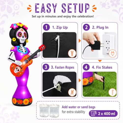 Halloween Inflatable Sugar Skull with Guitar - 6 FT Day of the Dead Decor with LED Lights, Yard & Lawn Decorations - Variation: Guitar Sugar Skull
