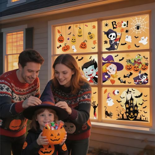 Halloween Window Clings - 9 Sheets Spooky Decorations for Home & Party - Witch Ghost Pumpkin