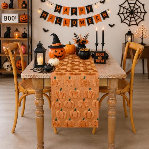 Caramel Pumpkin Faux Fur Halloween Table Runner 13x72 Inch - Fall Decor - Pumpkin Design