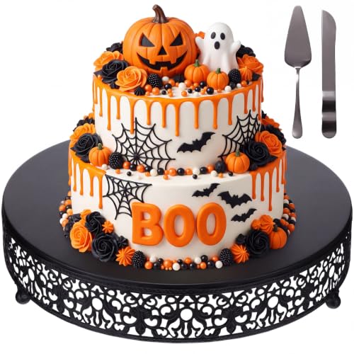 Black Halloween Cake Stand 12 Inch with Cutter Spatula - Elegant Dessert Display