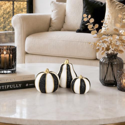 Set of 3 Black & White Modern Resin Pumpkins Fall Decor - Glitter Finish