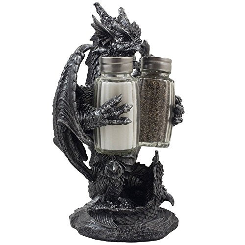 Mythical Dragon Salt and Pepper Shaker Set with Holder - Gothic Fantasy Decor