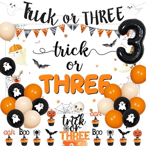 Halloween Trick or Three Party Decorations Kit with Banner Balloons & Cake Toppers