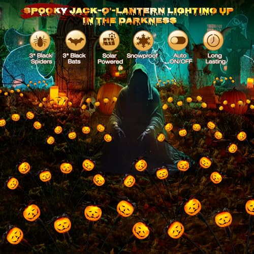 2 Pack Solar Halloween Pumpkin Lights with Spiders & Bats, Swaying Firefly Decor