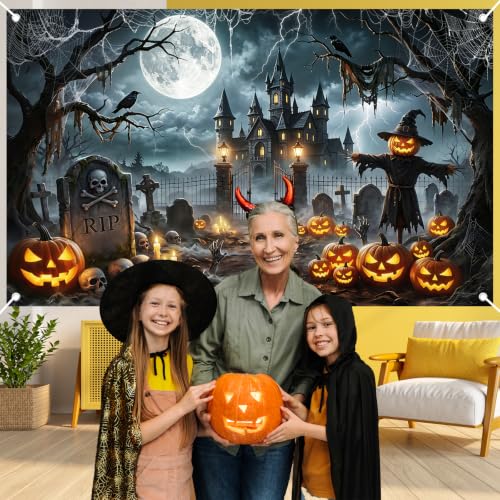 Avezano Halloween Banner 6x3.6ft Spooky Haunted Graveyard Backdrop - Creepy Halloween Decorations