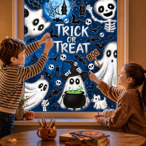Halloween Window Clings Stickers - Ghosts Skeleton Bats Spider Webs - Black & White - 6 Sheets