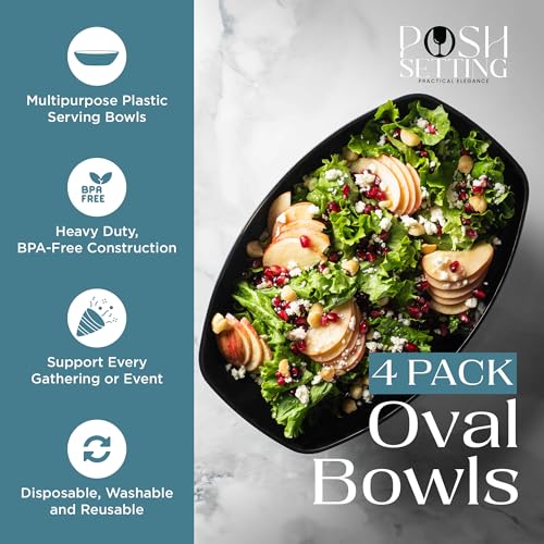 Black Plastic Serving Bowls - 4 Pack Oval Disposable Party Snack & Candy Bowls with Variation