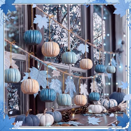 Resin Fall Pumpkin Ornaments for Tree - Blue Farmhouse Decor, 12 Pcs