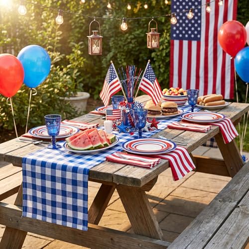 Blue Plaid Table Runner 13x108 Inch Set of 4 Buffalo Check Holiday Decor - White & Blue