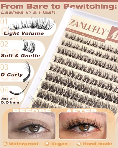 D-Spider Wispy Cluster Eyelash Extensions - Light Fluffy D Curly 8-16mm, Invisible Band - zanlufly