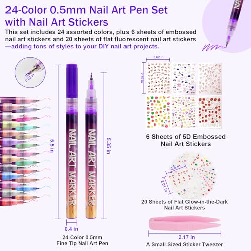 24-Color 0.5mm Nail Art Pen Set with Sticker Accessories – Non-Toxic, Quick-Drying