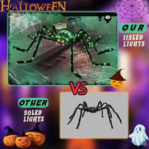 Giant Halloween Spider Decoration - 6.8Ft Lighted Outdoor Prop with 115 LED Lights - Green, Zz-004