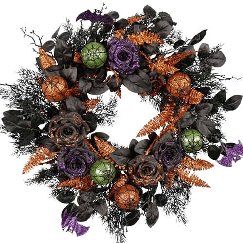 22 Inch Halloween Wreath with Glitter Roses Bats & Ornaments for Front Door