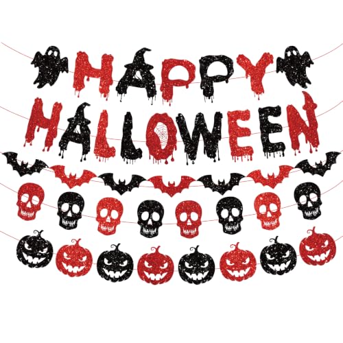 Halloween Banner with Glitter Bat Skull Pumpkin Decor - Pre-Strung Party Garland