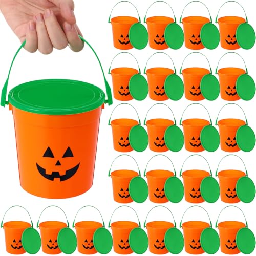 Halloween Pumpkin Trick or Treat Buckets Set - 24 Portable Plastic Jack-O-Lantern Totes