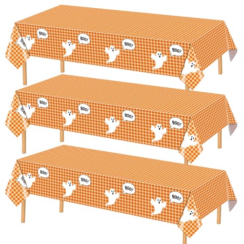Halloween Ghost Tablecloth Set - 3 Pack Orange Checkered Disposable Decor