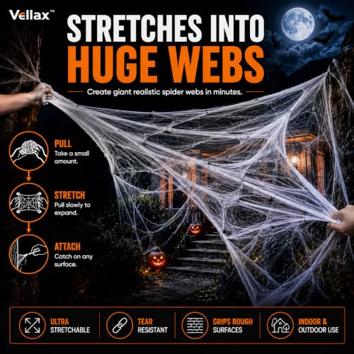 Vellax Halloween Spider Web Decorations with 20 Spiders - 200g Stretchable Cobweb for Indoor & Outdoor Use