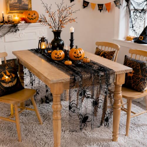 Halloween Table Runner Black Lace Spider Web Spooky Decor 29x120 - Variation of Black Spiderweb