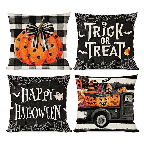 Halloween Pillow Covers Set of 4 18x18 Inch Pumpkin Truck Black Variation
