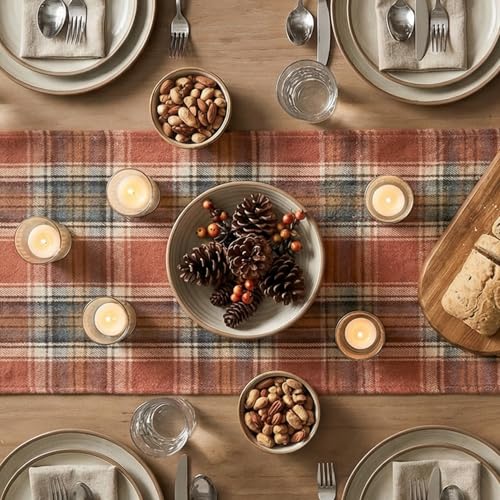 Rust Farmhouse Table Runner 13x108 Inch - Fall Plaid Decor - Artoid Mode Variation 13" x 108" Rust