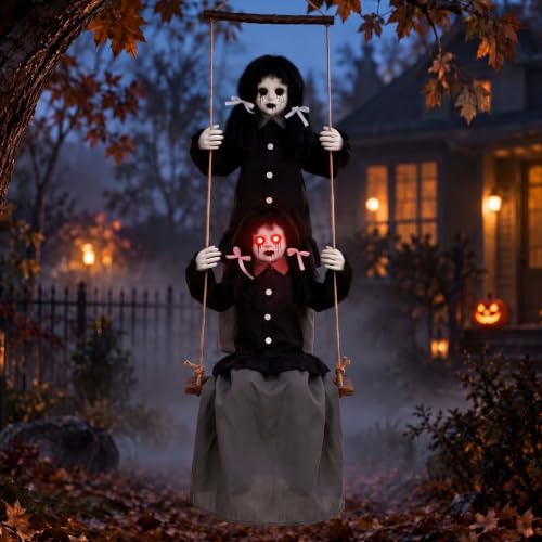 6ft Halloween Scary Swinging Outdoor Decoration with Eerie Twins Dolls