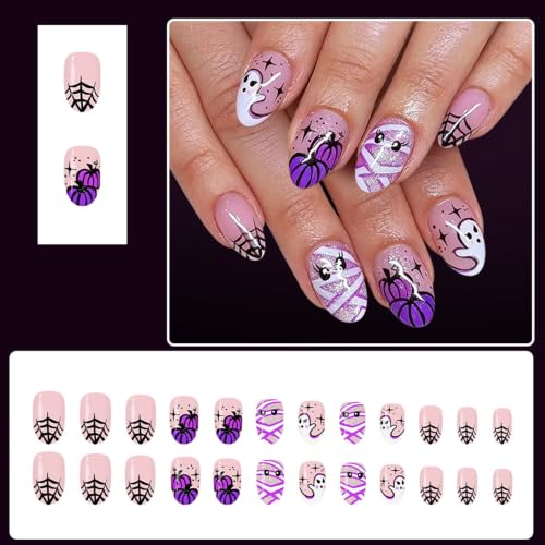 Halloween Short Oval Press-On Nails with Ghost Spider Web Pumpkin Mummy Designs - Purple Glitter Full Cover Fake Nails Set for Women - Variation E